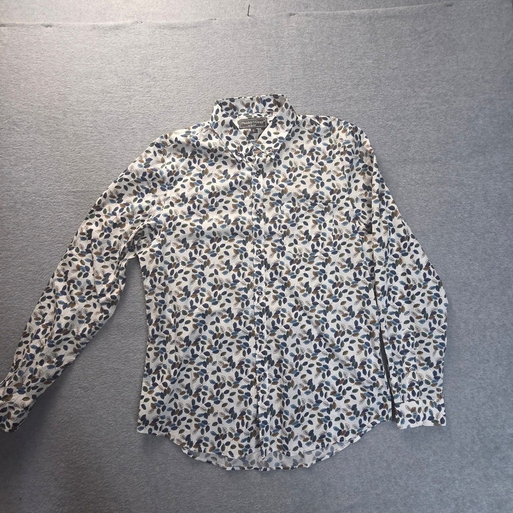 Paisley & Gray Long Sleeve Shirt Mens Large 17 White Blue Leaf Print Slim Fit
